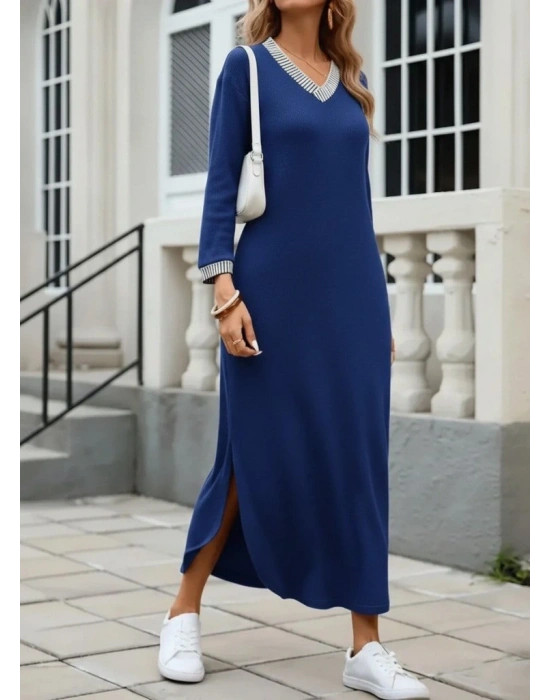 Kadın Uzun Kollu V Yakalı Yanlardan Yırtmaçlı Uzun Viskon Iki Iplik Elbise