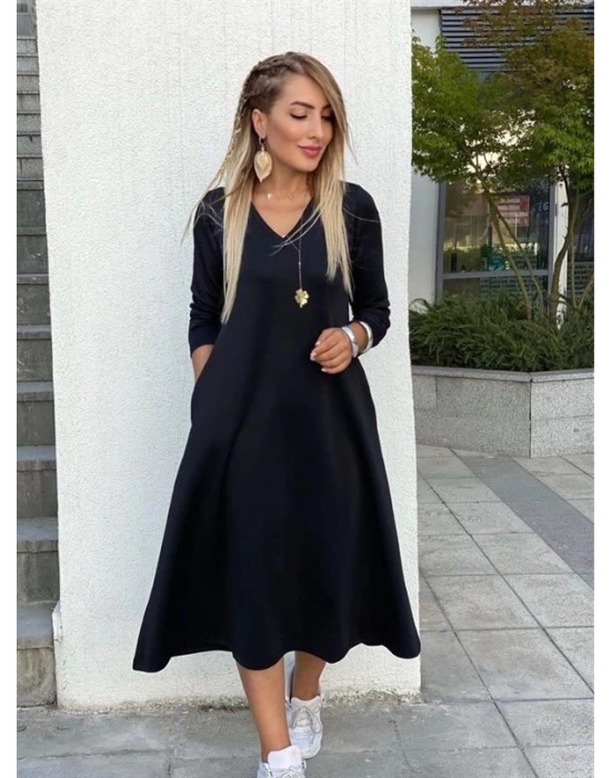 Kadın Uzun Kollu V Yakalı Yanlardan Yırtmaçlı Viskon Iki Iplik Midi Elbise