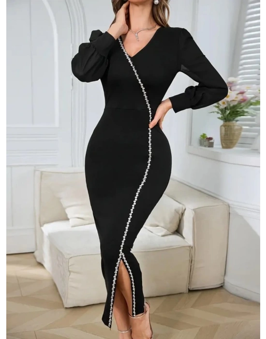 Kadın Uzun Kollu V Yakalı Yırtmaçlı Taşlı Uzun Ithal Krep Elbise