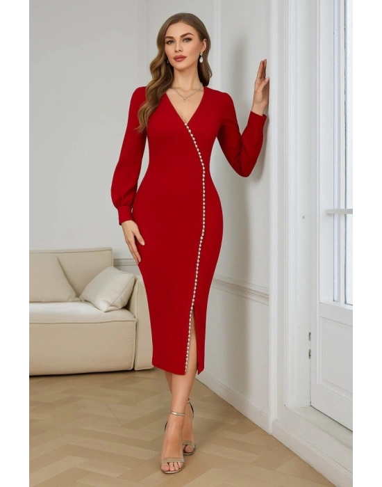 Kadın Uzun Kollu V Yakalı Yırtmaçlı Taşlı Uzun Ithal Krep Elbise