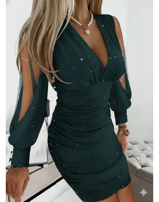 Kadın Uzun Kollu V Yakalısim Detaylı Mini Sandy Elbise