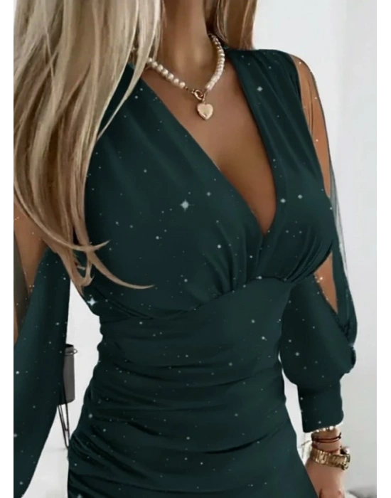 Kadın Uzun Kollu V Yakalısim Detaylı Mini Sandy Elbise