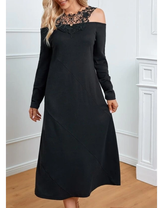 Kadın Uzun Kollu Yaka önü Güpürlü Madonna Yaka Viskon Midi Boy Elbise