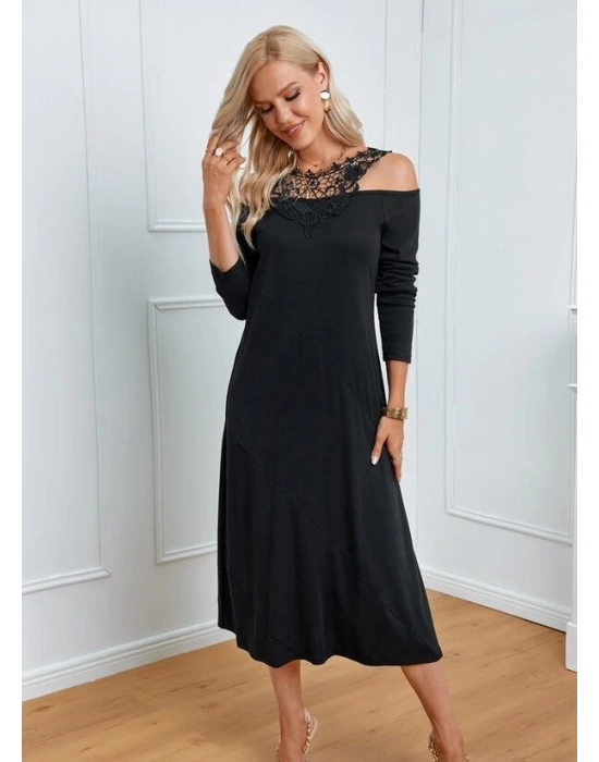 Kadın Uzun Kollu Yaka önü Güpürlü Madonna Yaka Viskon Midi Boy Elbise