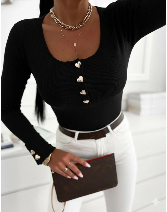 Kadın Uzun Kollu Yakadan Açık Ve Düğme Detaylı Kaşkorse Bluz