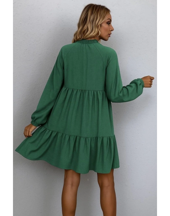 Kadın Uzun Kollu Yakadan Bağcıklı Fırfırlı Keten Mini Elbise