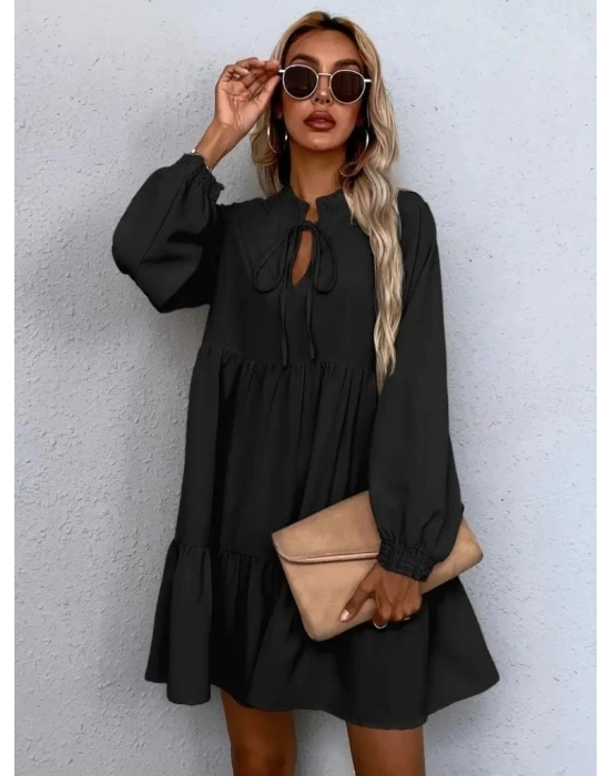 Kadın Uzun Kollu Yakadan Bağcıklı Fırfırlı Keten Mini Elbise