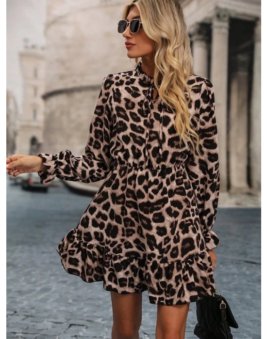 Kadın Uzun Kollu Yakadan Bağcıklı Modal Leopar Desenli Mini Elbise