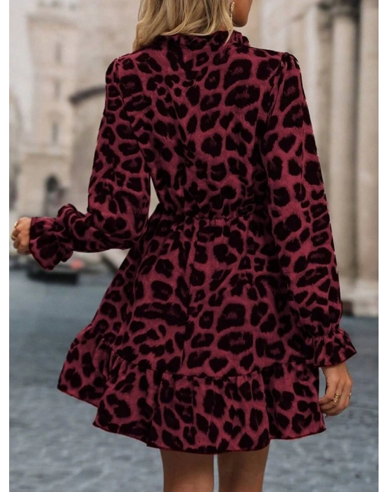 Kadın Uzun Kollu Yakadan Bağcıklı Modal Leopar Desenli Mini Elbise