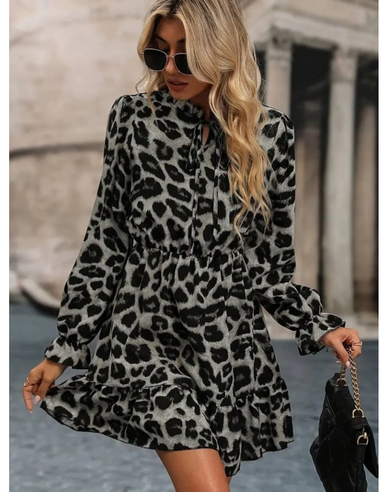 Kadın Uzun Kollu Yakadan Bağlamalı Beli Lastikli şardonlu Dalgıç Elbise