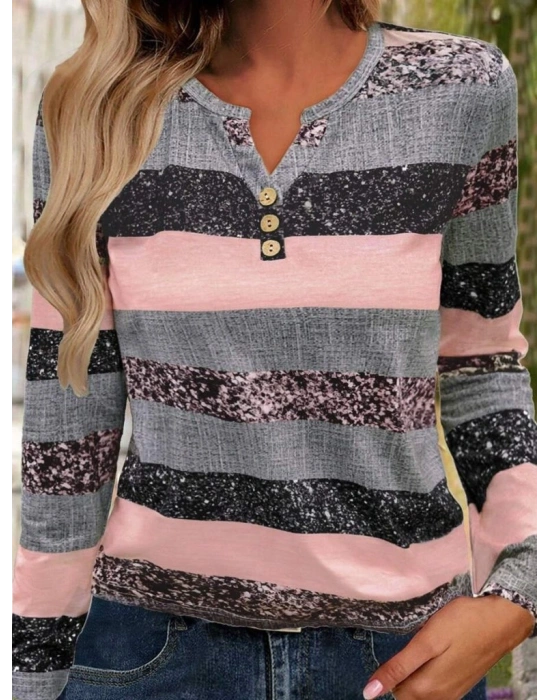 Kadın Uzun Kollu Yakadan Düğmeli çizgili Desenli Süprem Bluz