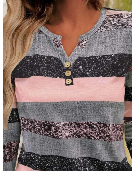 Kadın Uzun Kollu Yakadan Düğmeli çizgili Desenli Süprem Bluz