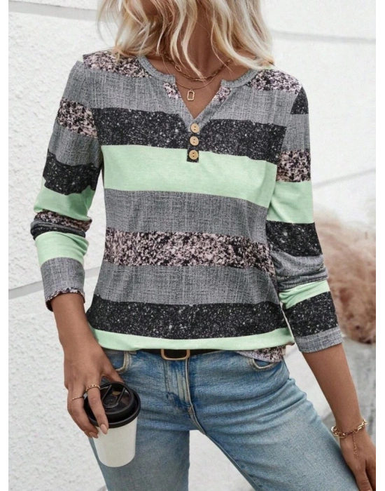 Kadın Uzun Kollu Yakadan Düğmeli çizgili Desenli Süprem Bluz