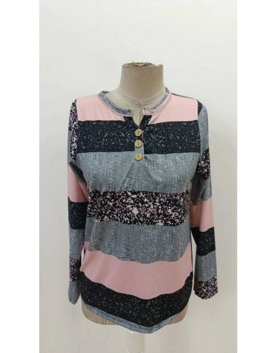 Kadın Uzun Kollu Yakadan Düğmeli çizgili Desenli Süprem Bluz