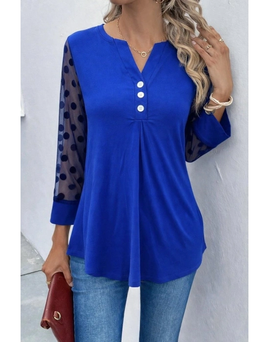 Kadın Uzun Kollu Yakadan Düğmeli Kolları Tül Detaylı Viskon Bluz