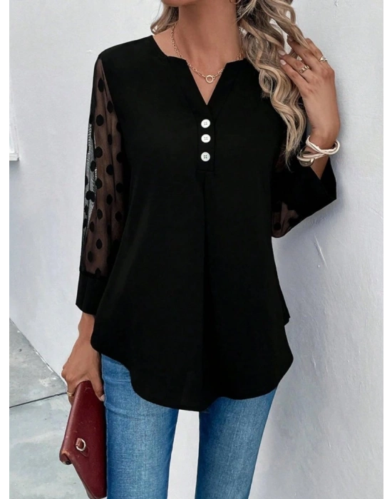 Kadın Uzun Kollu Yakadan Düğmeli Kolları Tül Detaylı Viskon Bluz
