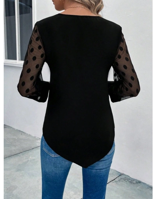 Kadın Uzun Kollu Yakadan Düğmeli Kolları Tül Detaylı Viskon Bluz