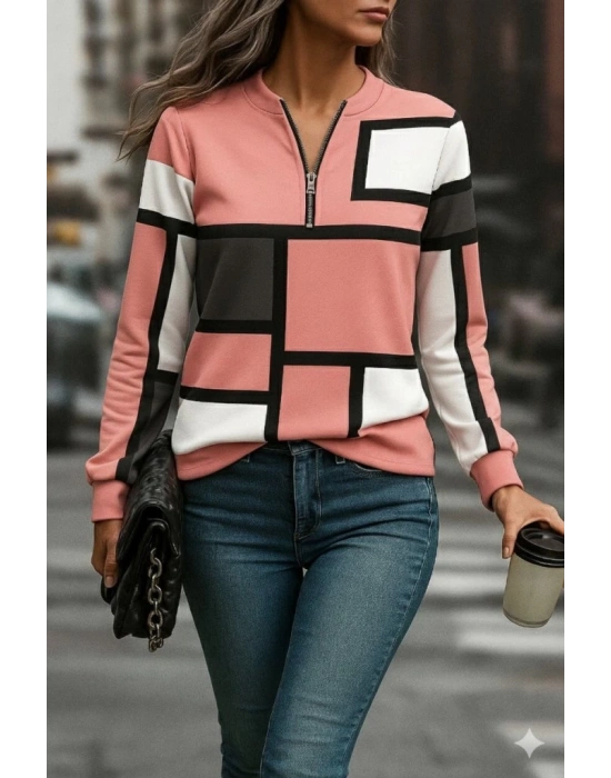 Kadın Uzun Kollu Yakadan Fermuarlı Desenli şardonlu Dalgıç Bluz