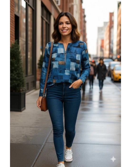 Kadın Uzun Kollu Yakadan Fermuarlı Kot Görünüm Desenli Uzun Modal Bluz