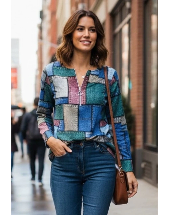 Kadın Uzun Kollu Yakadan Fermuarlı Kot Görünüm Desenli Uzun Modal Bluz