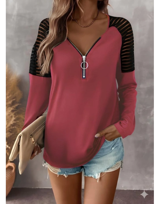 Kadın Uzun Kollu Yakadan Fermuarlı Viskon Bluz