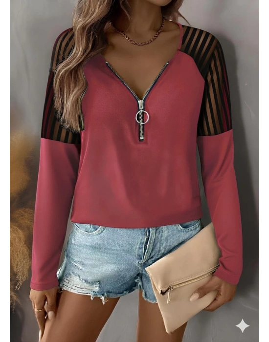 Kadın Uzun Kollu Yakadan Fermuarlı Viskon Bluz