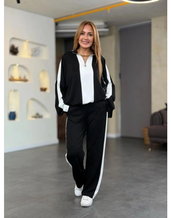 Kadın Uzun Kollu Yakadan Fermuarlı Viskon Iki Iplik Bluz Ve Pantolon Ikili Takım