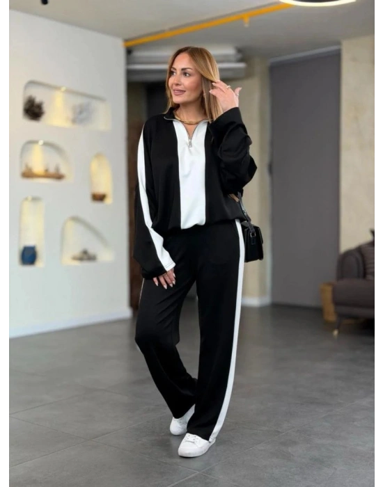 Kadın Uzun Kollu Yakadan Fermuarlı Viskon Iki Iplik Bluz Ve Pantolon Ikili Takım