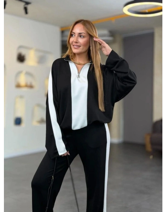 Kadın Uzun Kollu Yakadan Fermuarlı Viskon Iki Iplik Bluz Ve Pantolon Ikili Takım