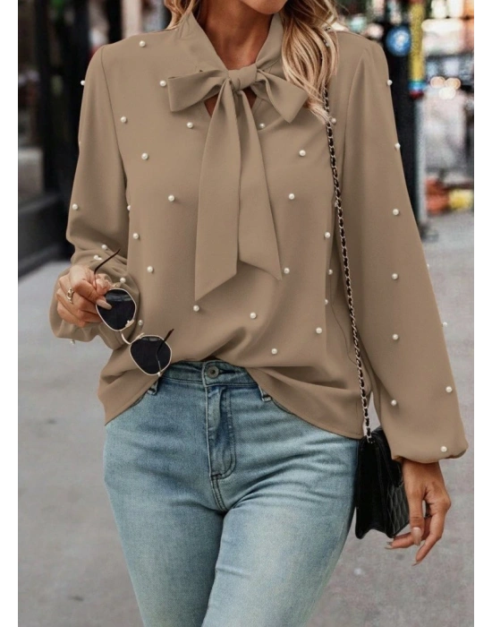 Kadın Uzun Kollu Yakadan Fiyonklu Incili Ithal Krep Bluz