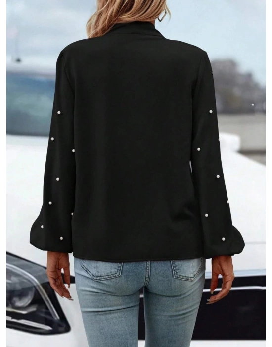 Kadın Uzun Kollu Yakadan Fiyonklu Incili Ithal Krep Bluz