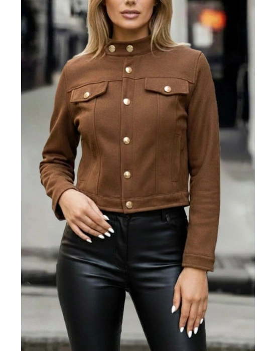 Kadın Uzun Kollu Yakadan Ve önden Düğmeli Süet Kısa Ceket