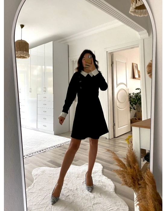 Kadın Uzun Kollu Yakalı A Kesim Kısa Ithal Krep Elbise