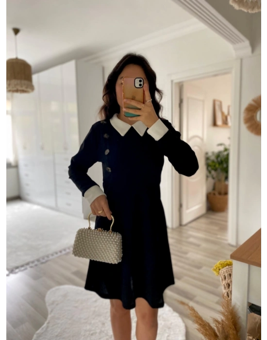 Kadın Uzun Kollu Yakalı A Kesim Kısa Ithal Krep Elbise