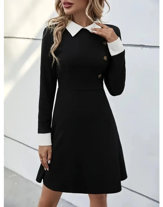 Kadın Uzun Kollu Yakalı A Kesim Kısa Ithal Krep Elbise