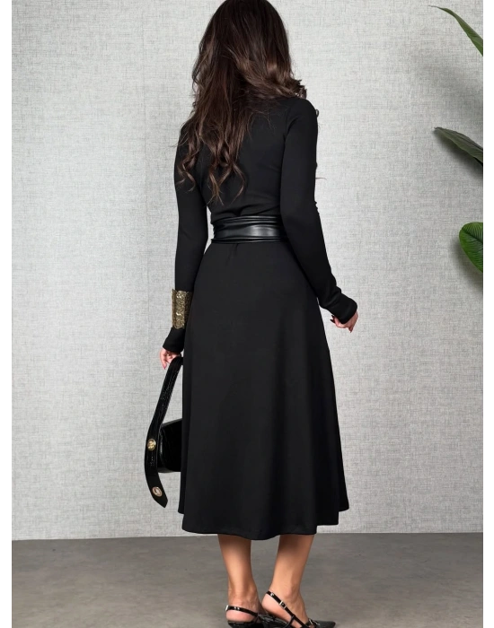 Kadın Uzun Kollu Yakalı Belden Deri Detaylı Kuşaklı Yırtmaçlı Midi Viskon Iki Iplik Elbise
