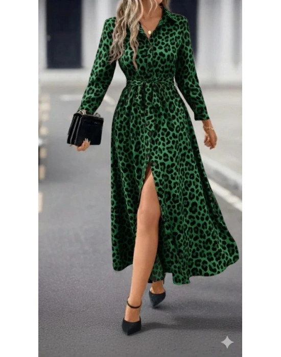 Kadın Uzun Kollu Yakalı Belden Kuşaklı Leopar Desenli Modal Uzun Elbise