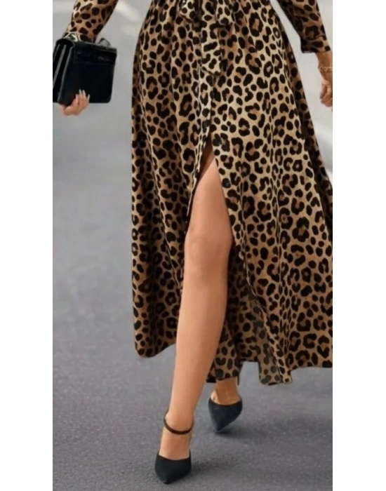 Kadın Uzun Kollu Yakalı Belden Kuşaklı Leopar Desenli Modal Uzun Elbise