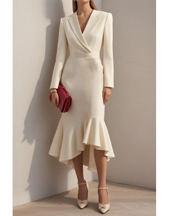 Kadın Uzun Kollu Yakalı Belden Oturtmalı Midi Ithal Krep Elbise