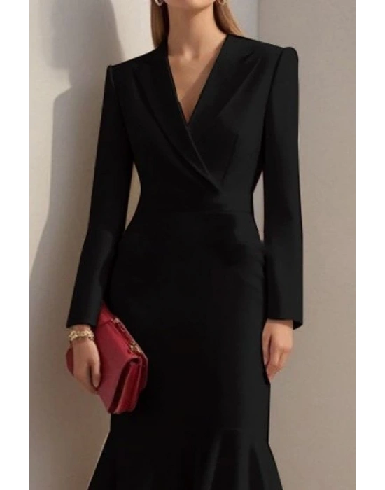 Kadın Uzun Kollu Yakalı Belden Oturtmalı Midi Ithal Krep Elbise