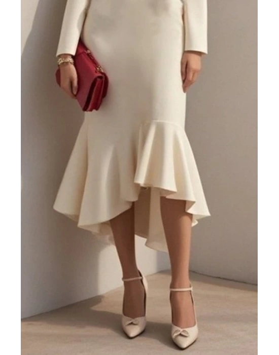 Kadın Uzun Kollu Yakalı Belden Oturtmalı Midi Ithal Krep Elbise