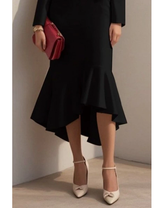 Kadın Uzun Kollu Yakalı Belden Oturtmalı Midi Ithal Krep Elbise