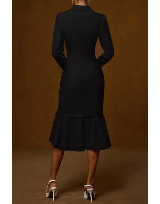 Kadın Uzun Kollu Yakalı Belden Oturtmalı Midi Ithal Krep Elbise