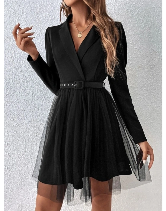 Kadın Uzun Kollu Yakalı Belinde Kemer Detaylı Mini Tüllü Ithal Krep Elbise