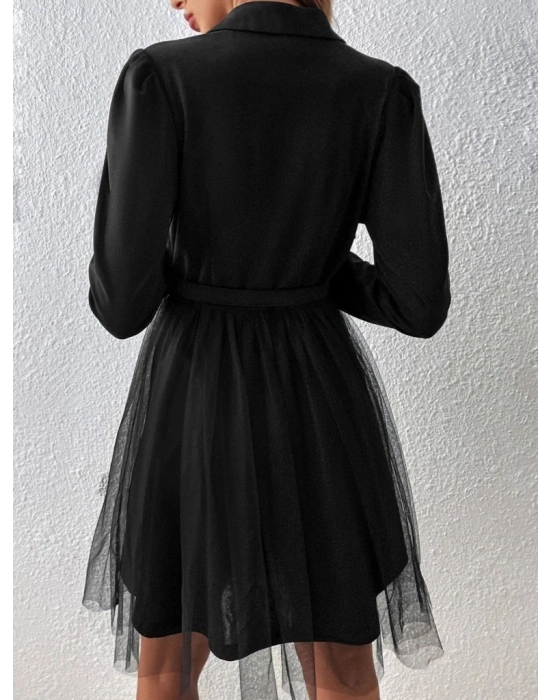 Kadın Uzun Kollu Yakalı Belinde Kemer Detaylı Mini Tüllü Ithal Krep Elbise