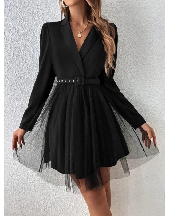 Kadın Uzun Kollu Yakalı Belinde Kemer Detaylı Mini Tüllü Ithal Krep Elbise