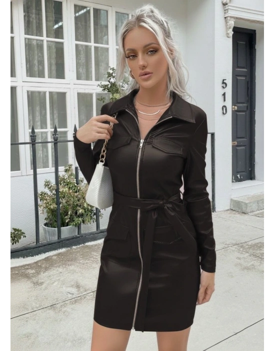 Kadın Uzun Kollu Yakalı Cepli önü Fermuarlı Koyu Kahve Mini Deri Elbise