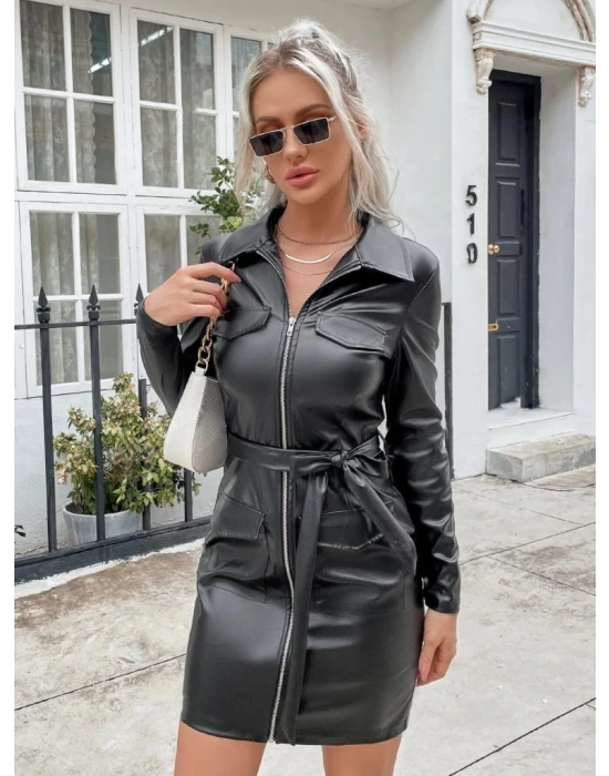Kadın Uzun Kollu Yakalı Cepli önü Fermuarlı Mini Deri Elbise