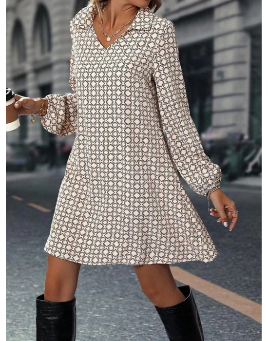 Kadın Uzun Kollu Yakalı Desenli Mini Modal Elbise