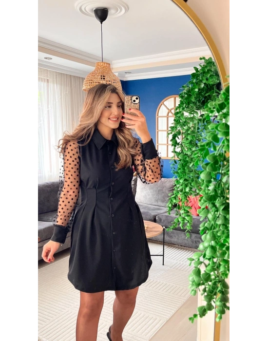 Kadın Uzun Kollu Yakalı Düğmeli Mini Ithal Krep Elbise